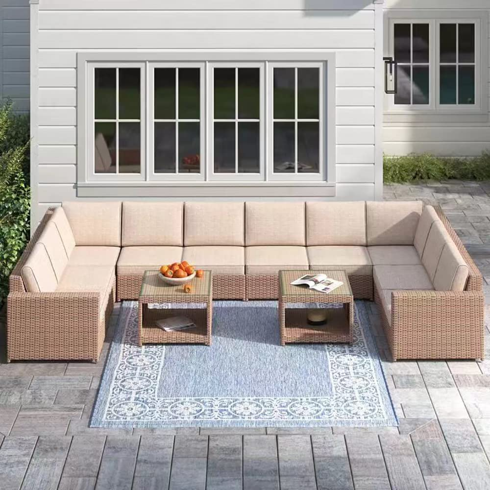 Wicker Patio Furniture Conversation Set Outdoor Rattan Sectional Couch Sofa with Coffee Table (12PCS Light Brown) I266