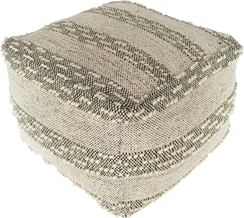 Grey Off/White Woven Striped Cotton Wool Square Pouf X600029