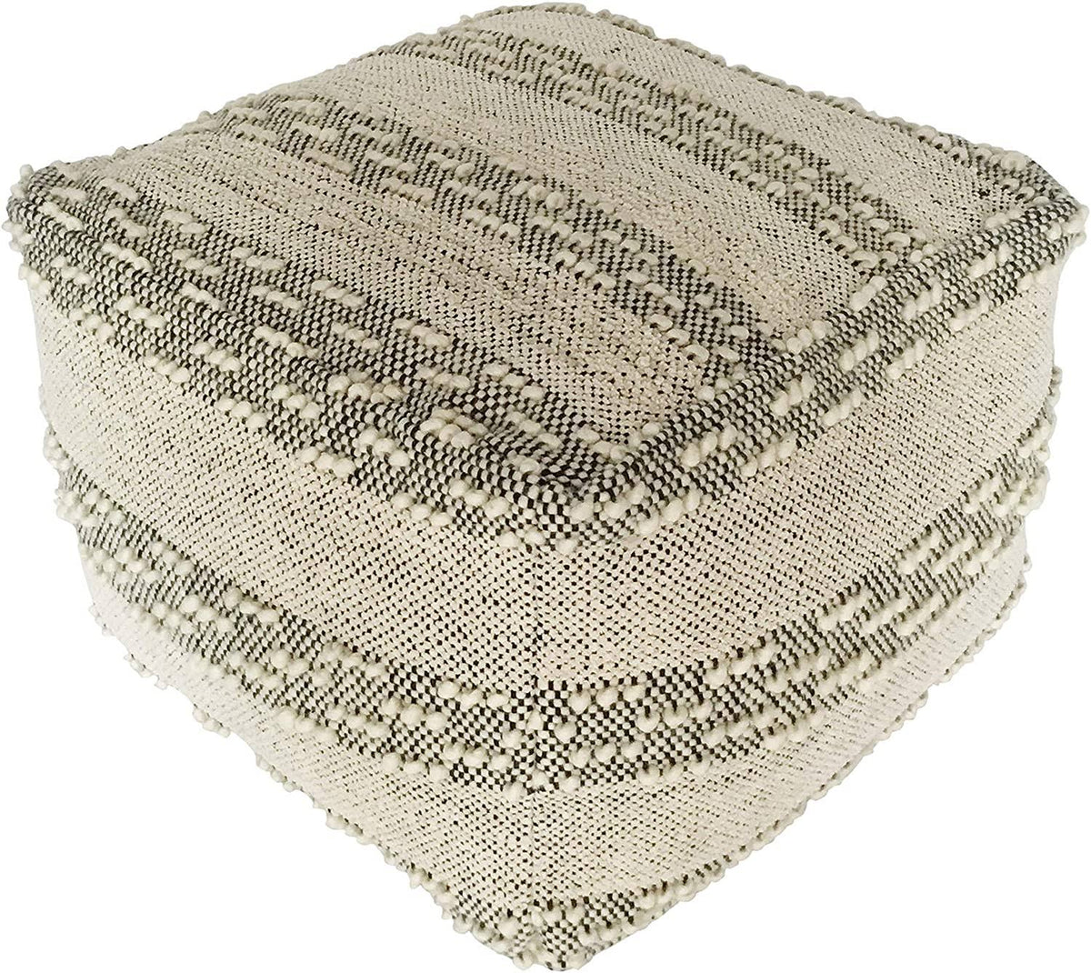 Grey Off/White Woven Striped Cotton Wool Square Pouf X600029