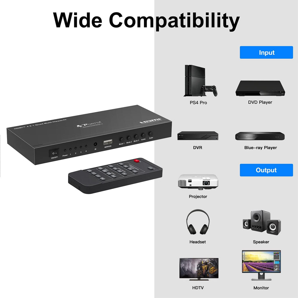 HDMI Quad Multi-Viewer Seamless Switcher 4 in 1 Out with Loop, Audio Extractor to Stereo, 4K H854819