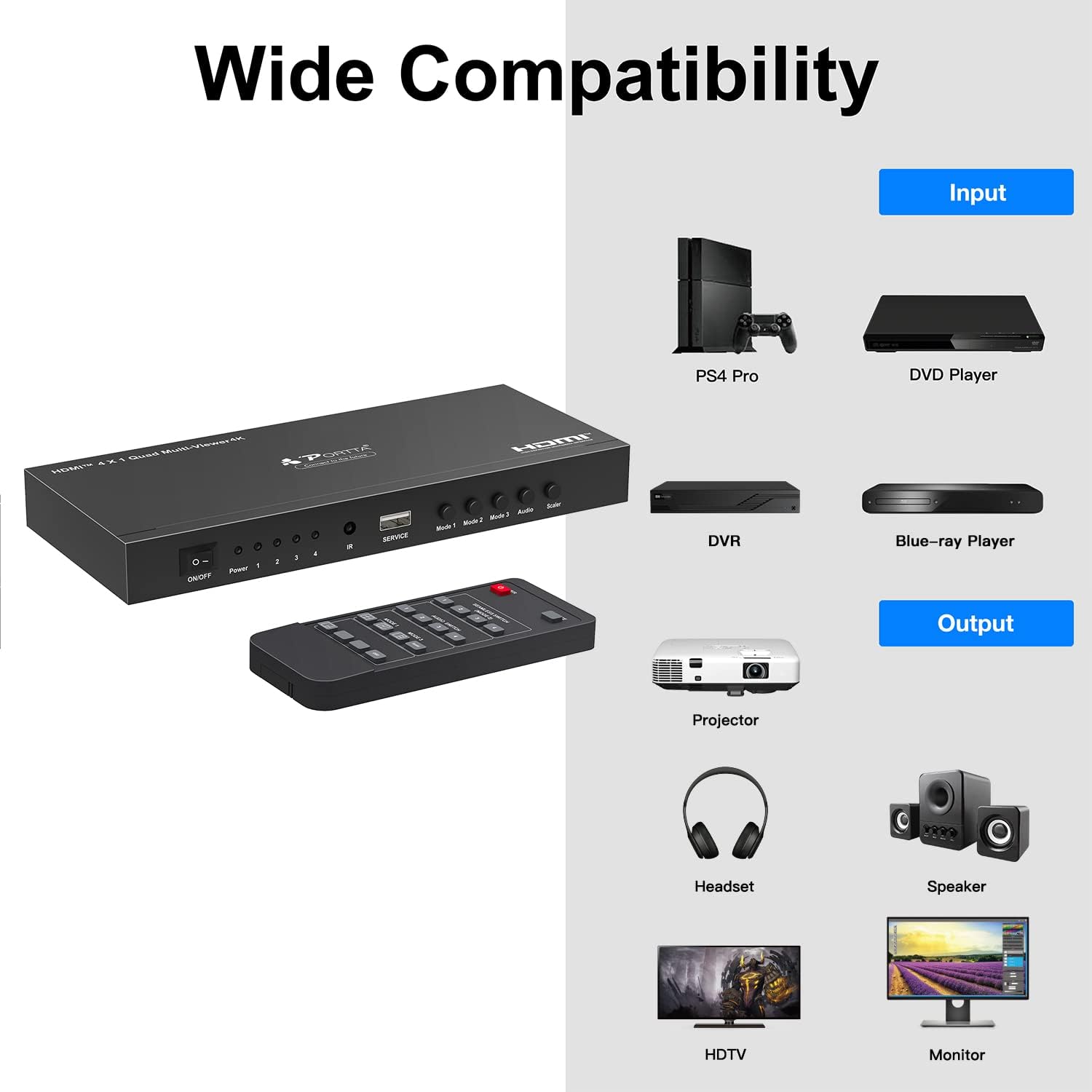 HDMI Quad Multi-Viewer Seamless Switcher 4 in 1 Out with Loop, Audio Extractor to Stereo, 4K H854819