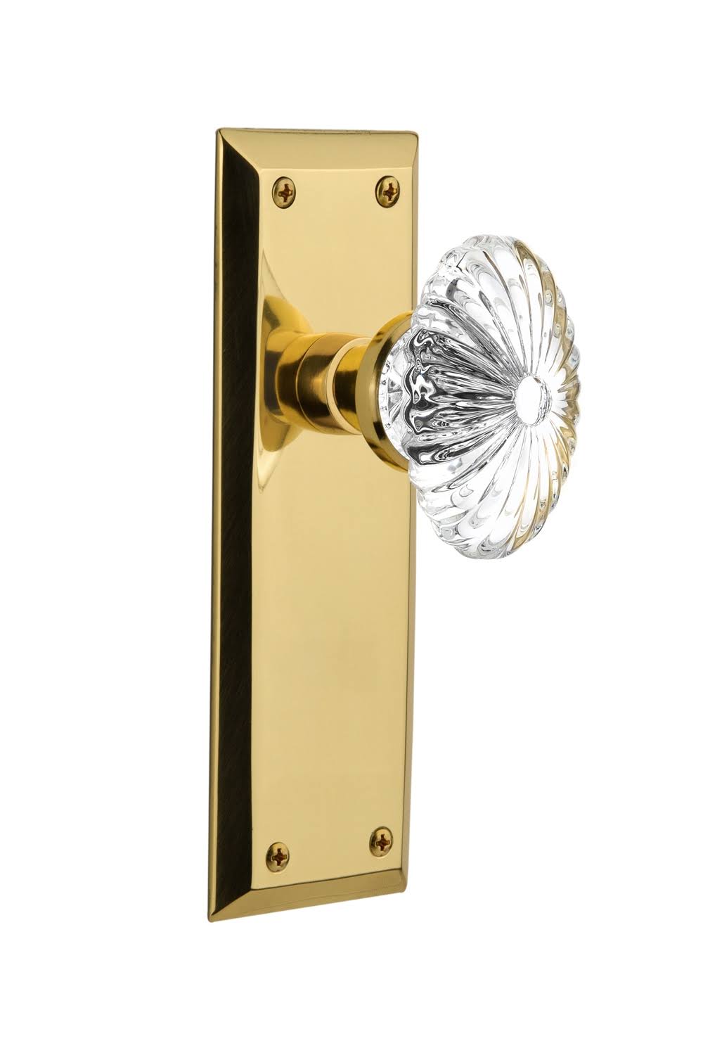 Oval Fluted Crystal Privacy Door Knob with New York Plate Unlacquered Brass R9813