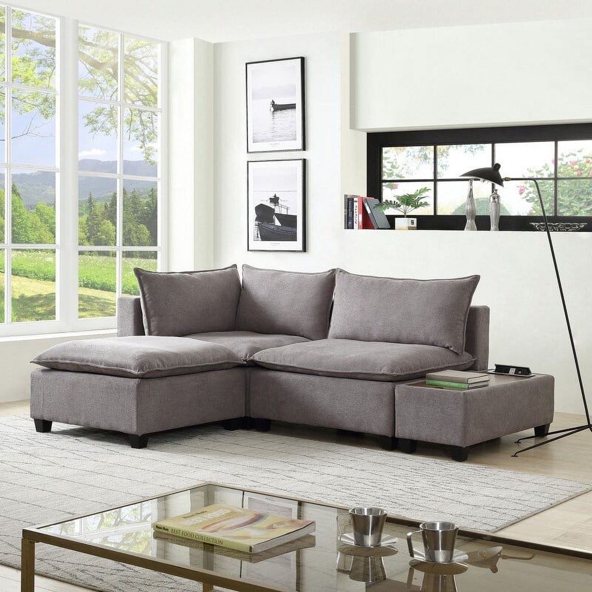 Light Gray Fabric Sectional Loveseat with Ottoman Z32436