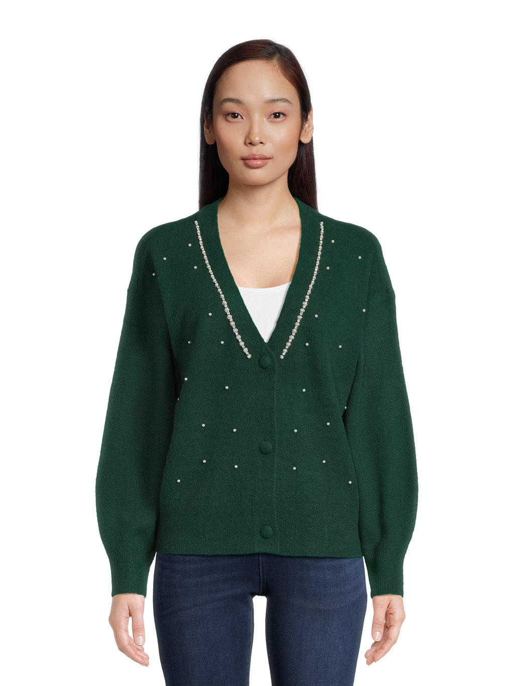 Women's V-Neck Embellished Button Front Cardigan with Long Sleeves W232179