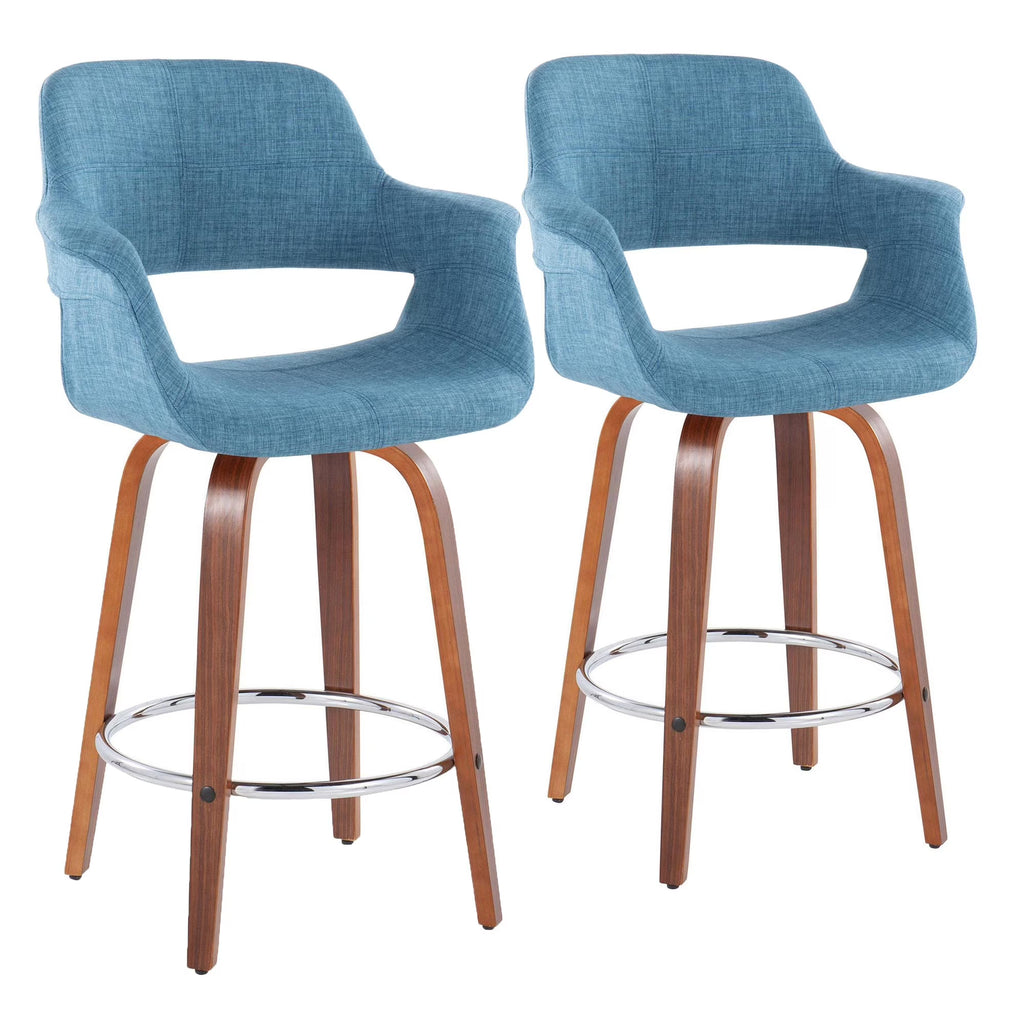 26" Mid-Century Modern Counter Stool with Swivel in Walnut Wood and Blue Fabric with Round Chrome Metal Footrest - Set of 2 C54022