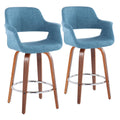 26" Mid-Century Modern Counter Stool with Swivel in Walnut Wood and Blue Fabric with Round Chrome Metal Footrest - Set of 2 C54022