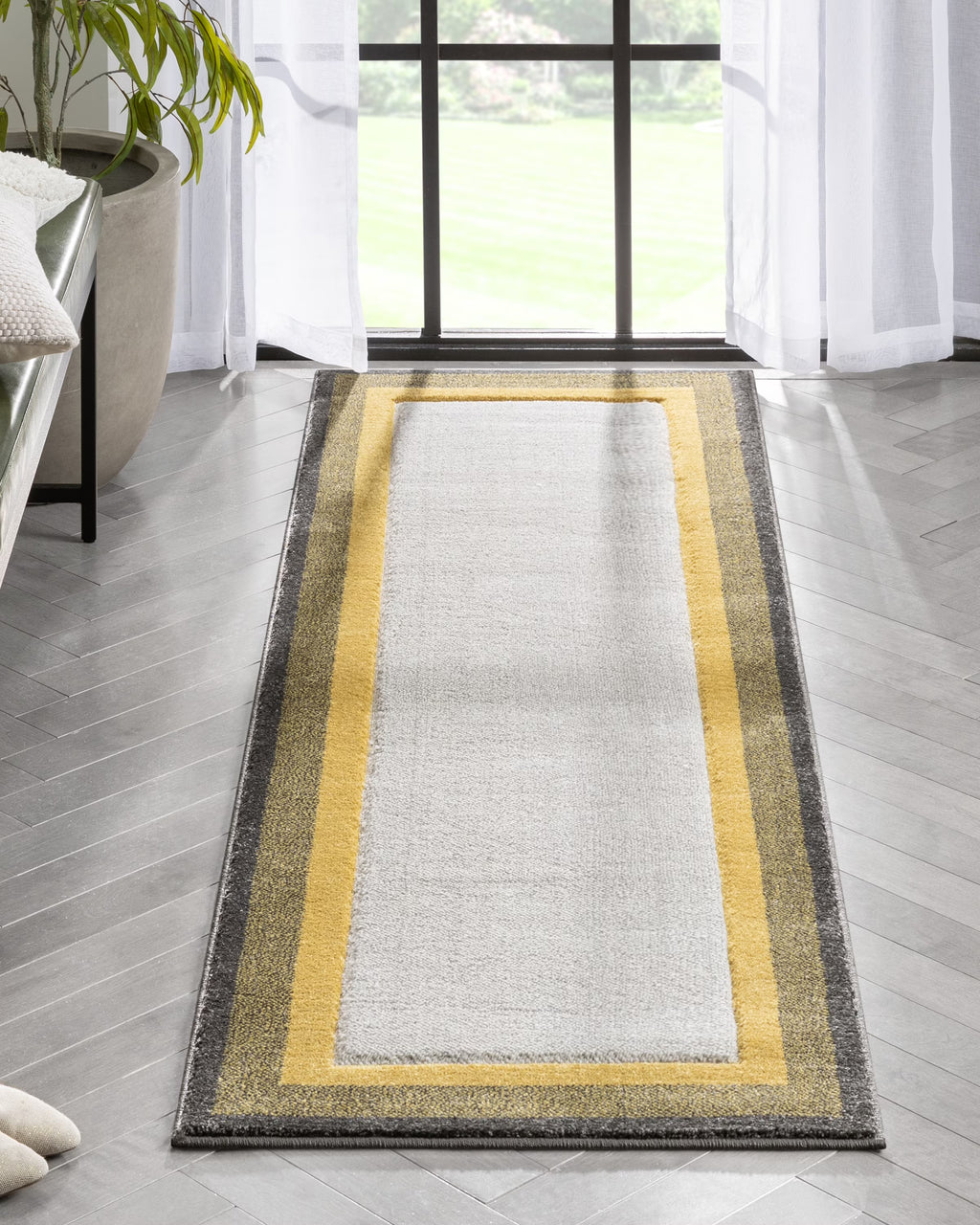 Yellow Solid Border Geometric Runner Rug 2x7 B45389