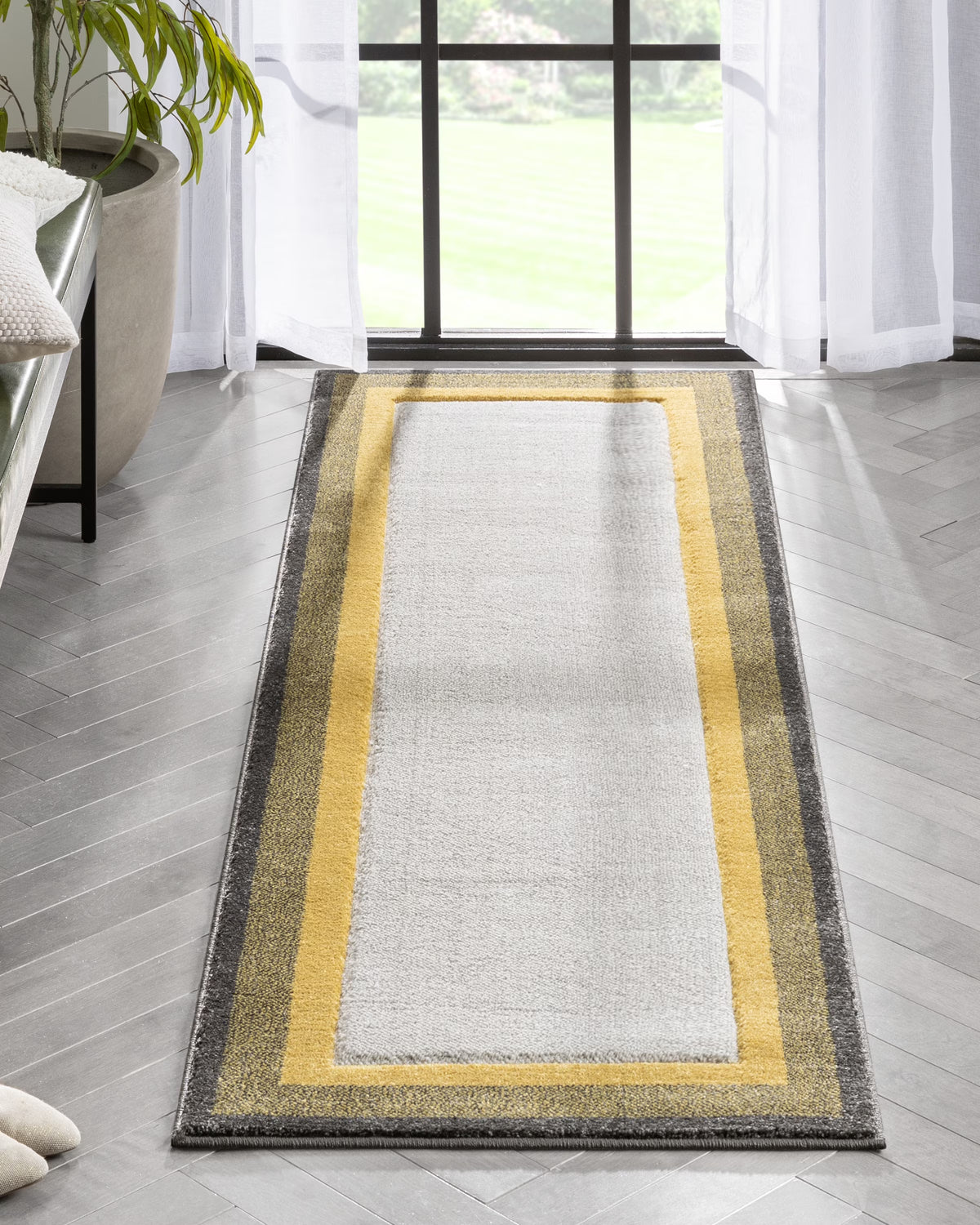 Yellow Solid Border Geometric Runner Rug 2x7 B45389