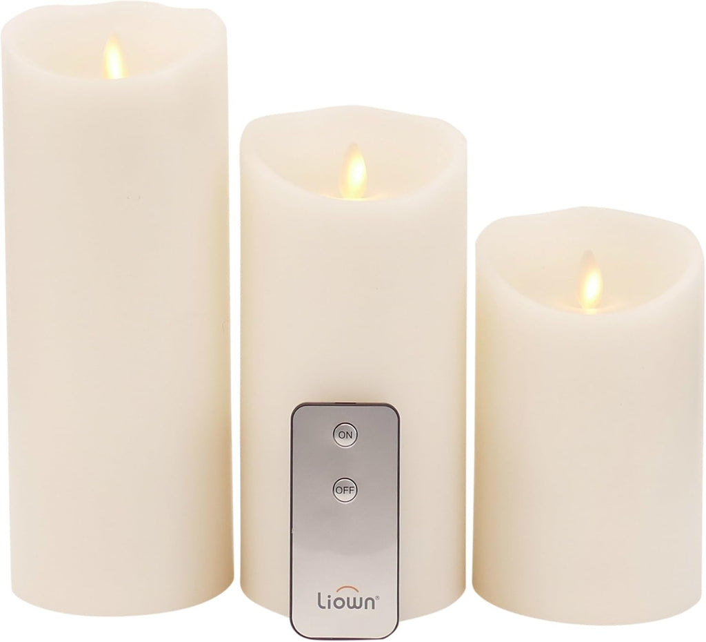 Ivory Pillar Candles with Remote, Set of 3, Flameless Battery Operated Flickering Light Source with Timer L143101