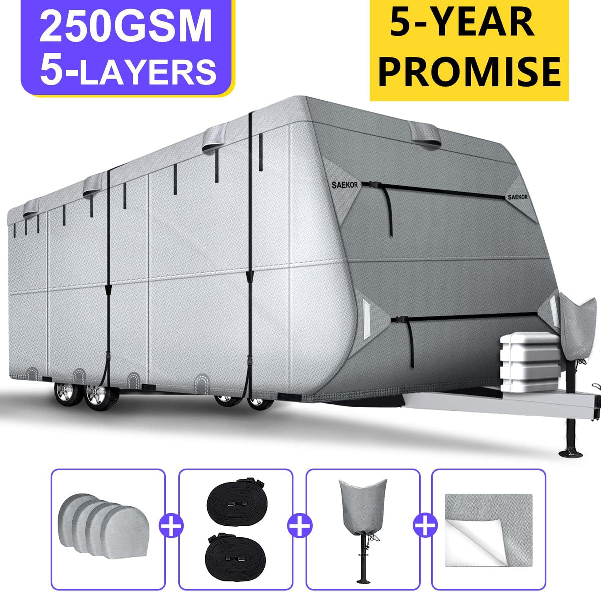 250 GSM 5 Layers Travel Trailer RV Cover for 24.1'-26' RV with 4 Tire Covers G682046
