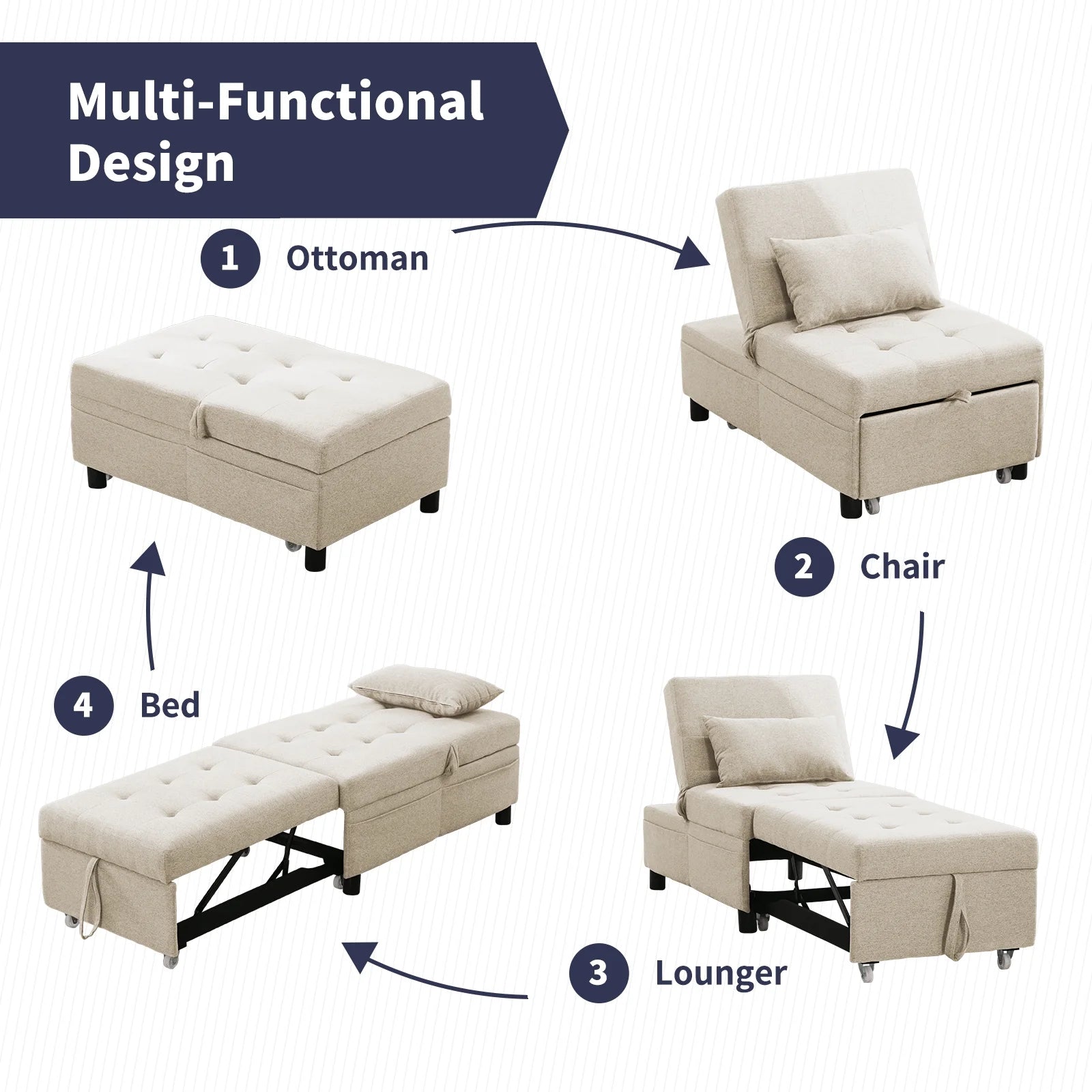 Beige Linen Pull-out Sofa Bed with Steel Frame J7750