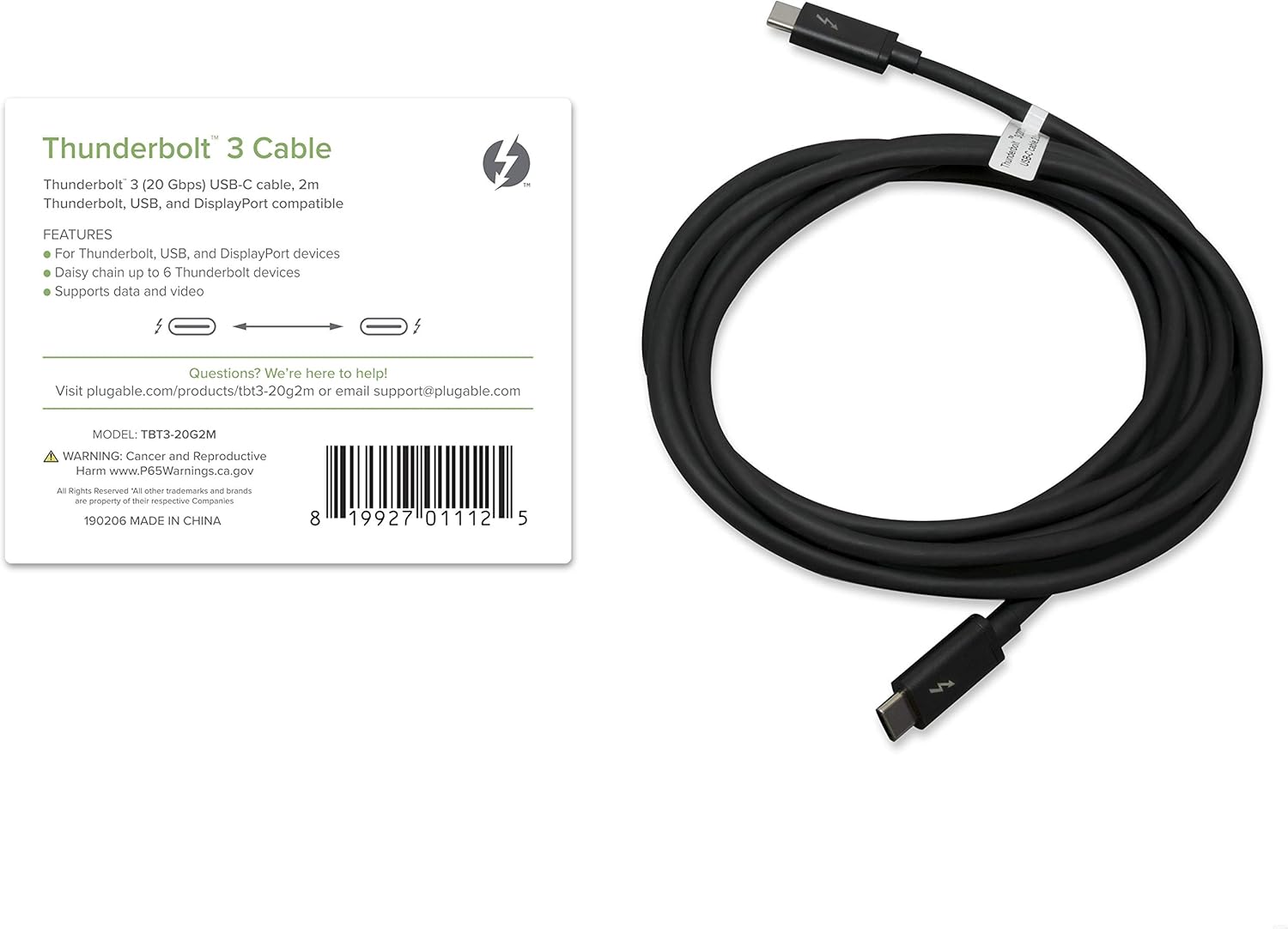 Thunderbolt 3 Cable 20Gbps 100W 6.6ft / 2m USB C Pack of 2 I693386