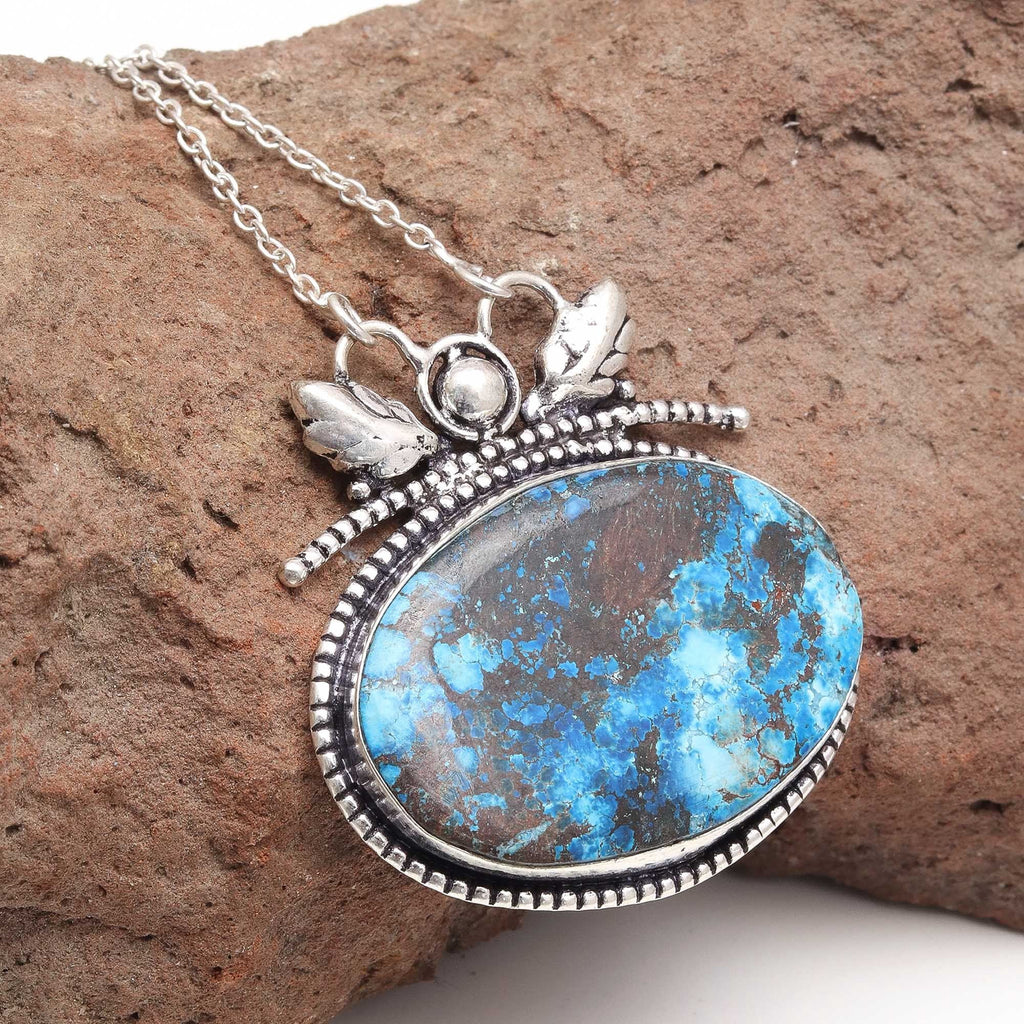 Azurite Silver Sterling Gemstone Beads 20" Chrysocolla Round Necklace K67294
