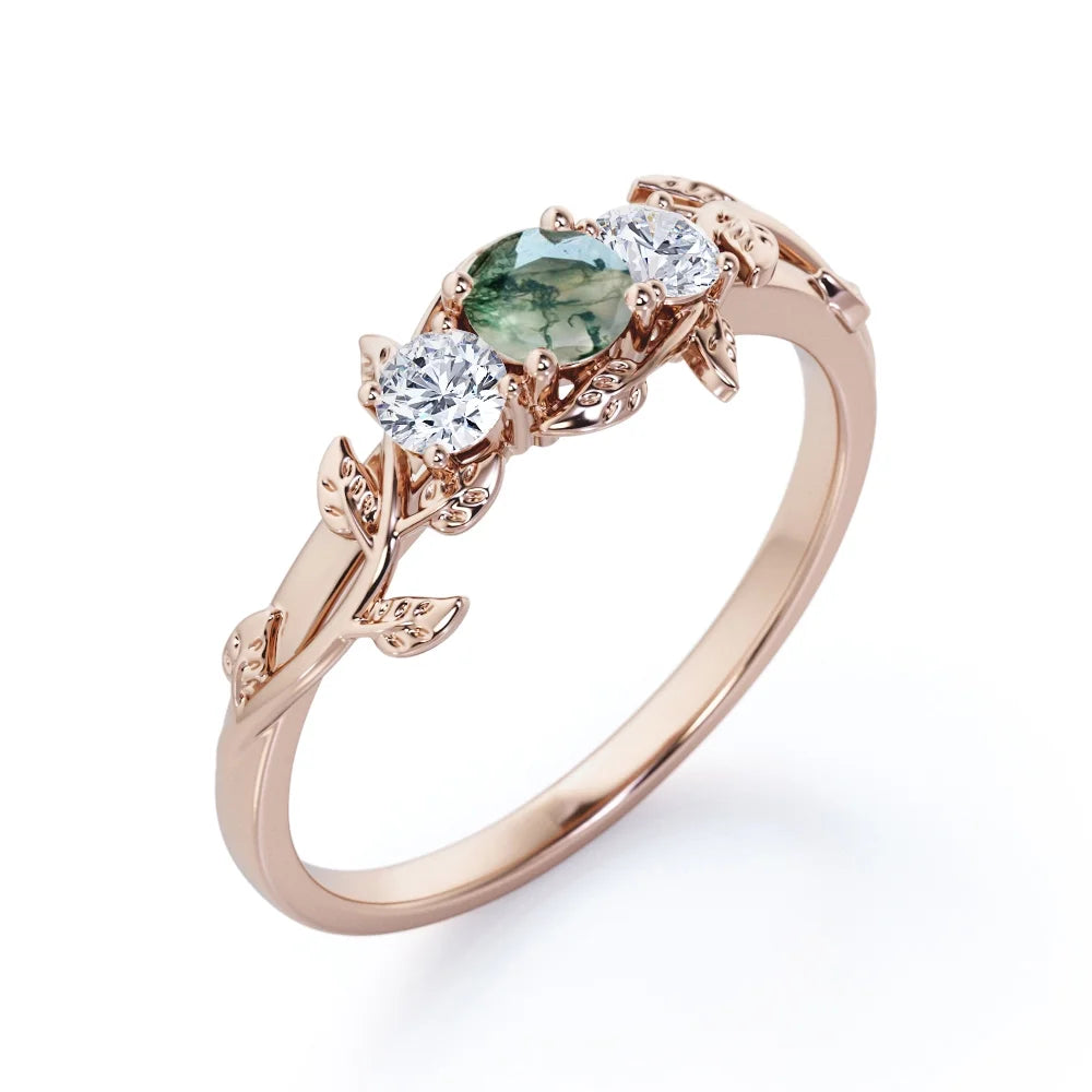 18K Rose Gold Plating over Silver Moss Green Agate Engagement Ring G49747