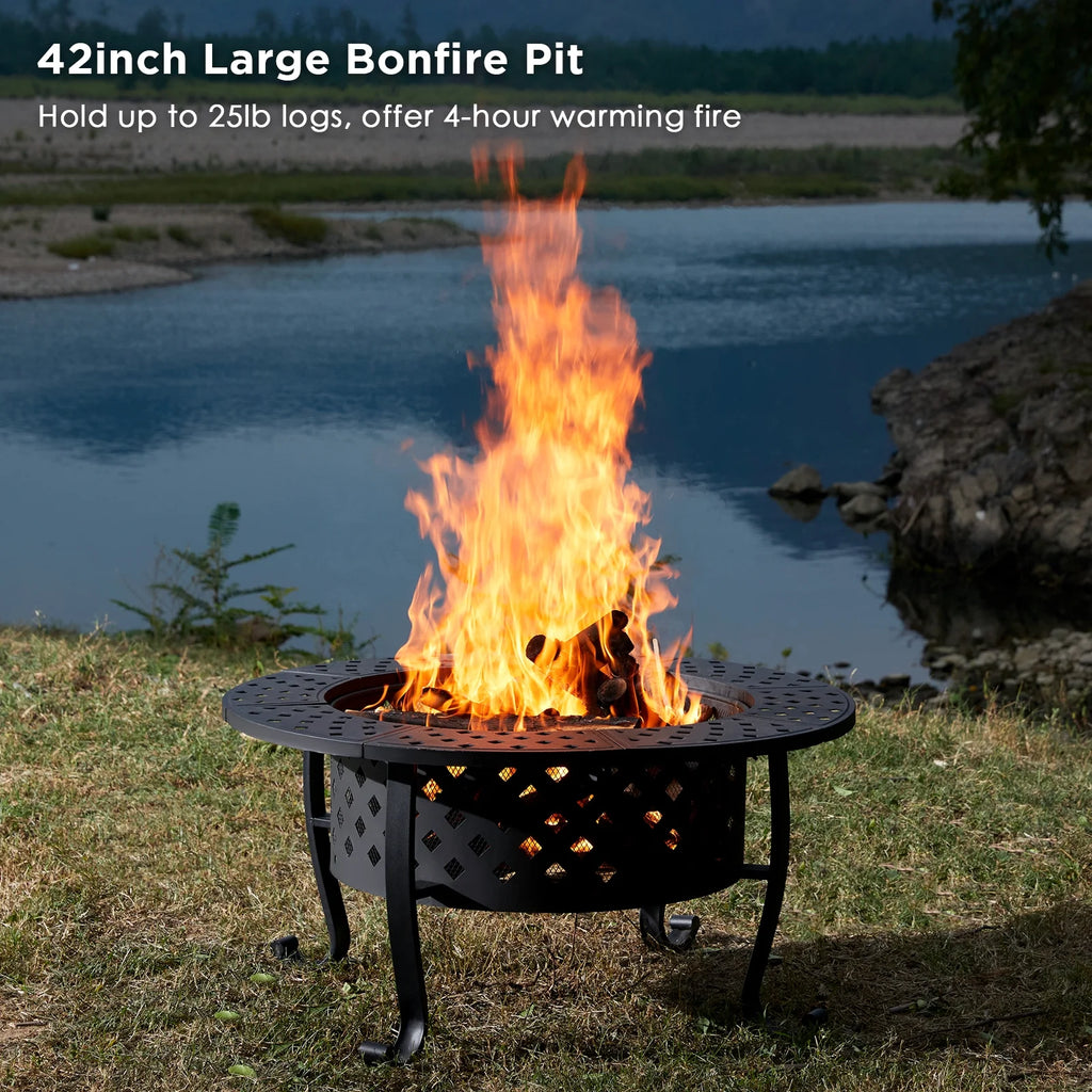 42-inch Metal Fire Pit with 2 Grills and Lid H987075