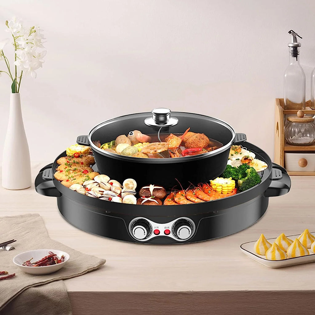 2 in 1 Electric BBQ Grill Hot Pot Double Separation Grill Pan Ceramic Coating Smokeless F898087