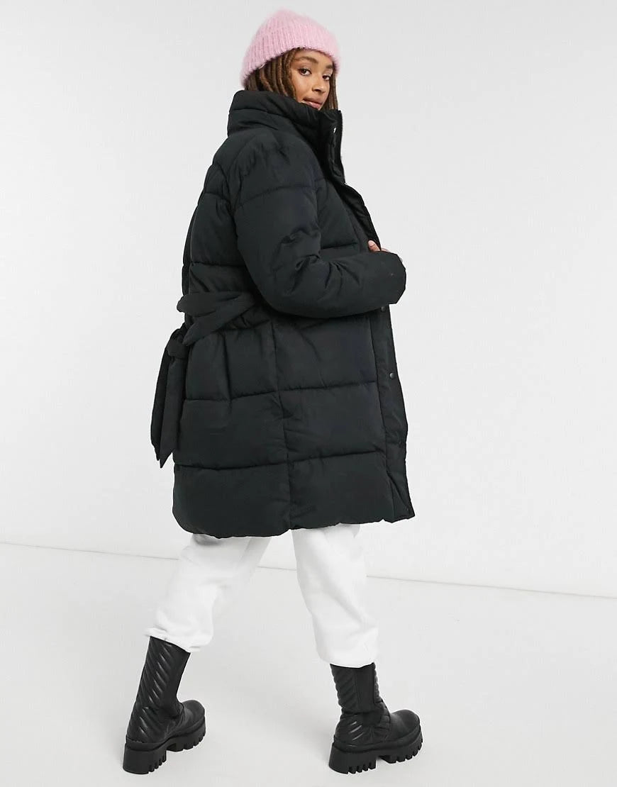 Padded Coat with Belt in Black L5076