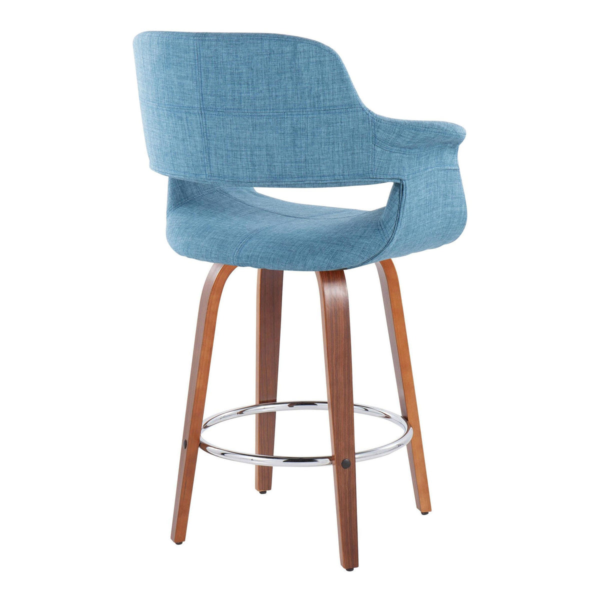 26" Mid-Century Modern Counter Stool with Swivel in Walnut Wood and Blue Fabric with Round Chrome Metal Footrest - Set of 2 C54022