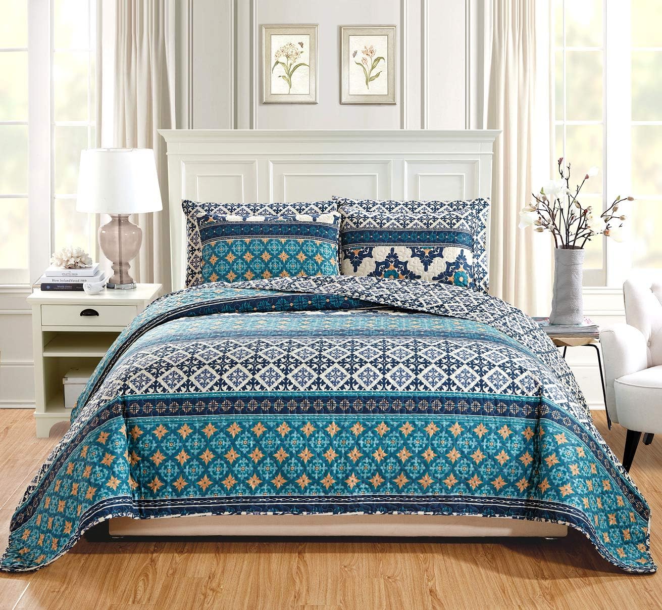 3-Piece Oversize Quilt Set Bright Reversible Bedspread Coverlet Cal King Size Bed Cover C758