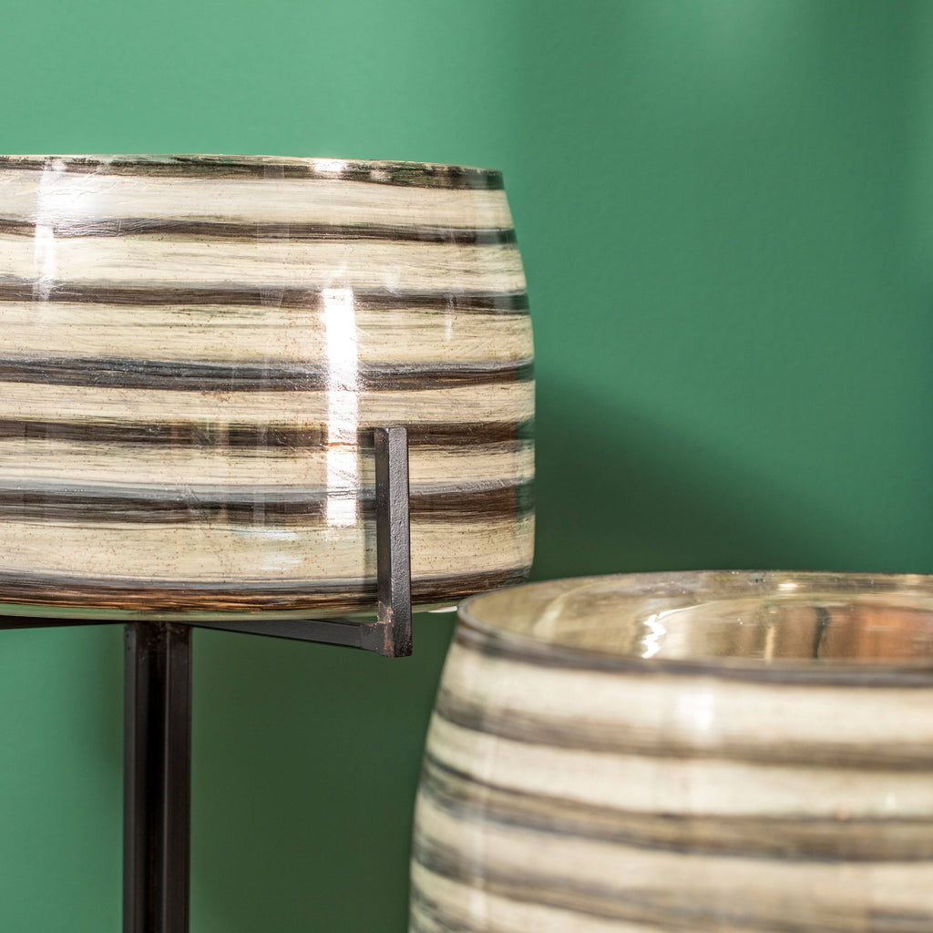 Smoked Glass Candle Holder on Black Metal Base V21273