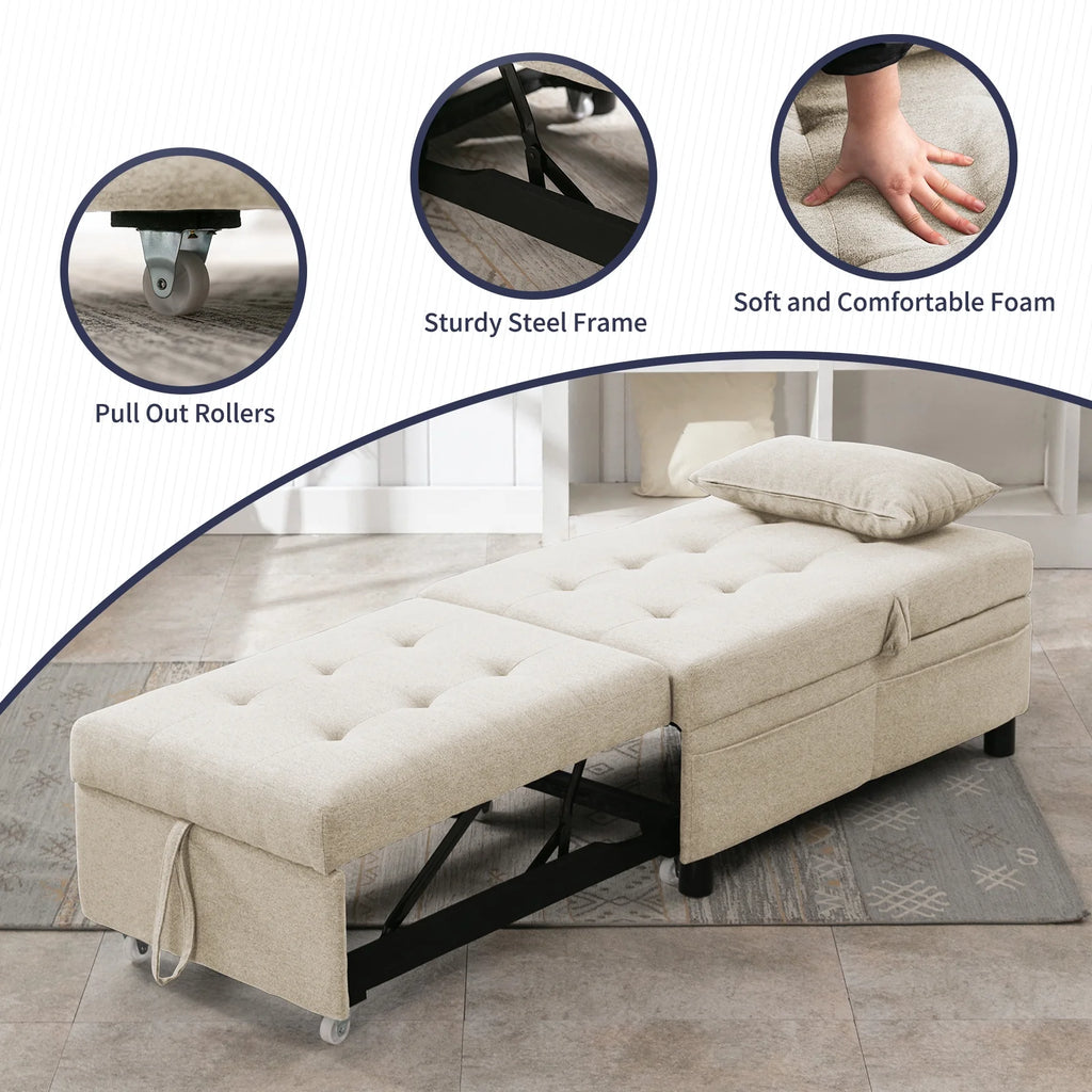 Beige Linen Pull-out Sofa Bed with Steel Frame J7750