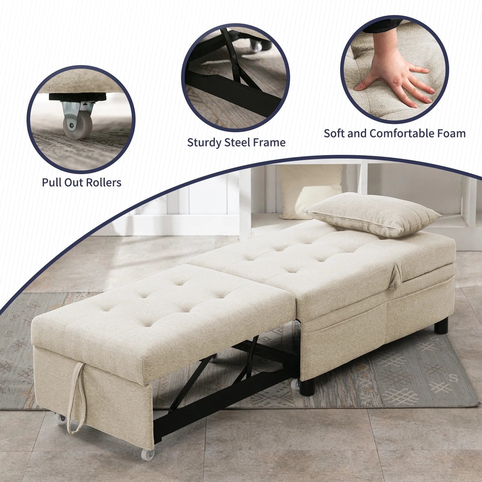 Beige Linen Pull-out Sofa Bed with Steel Frame J7750