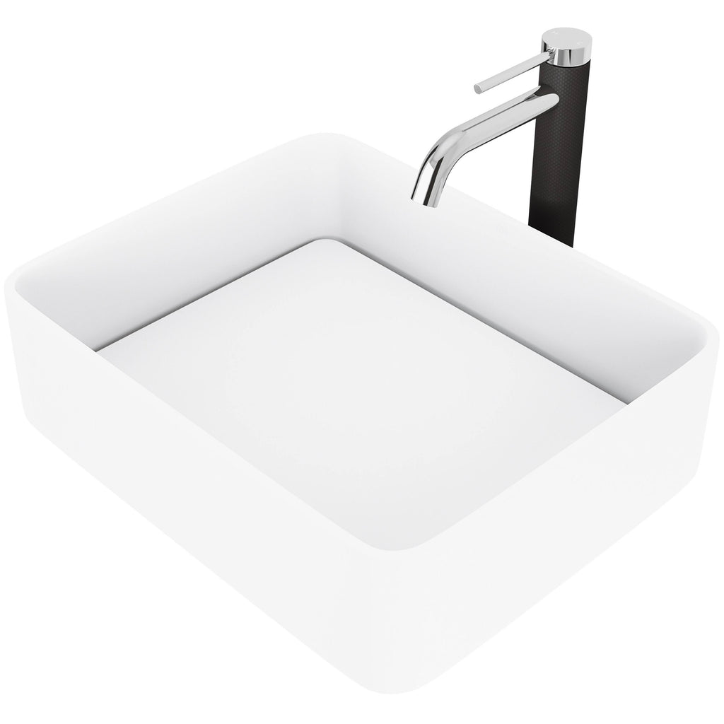 White Rectangular Vessel Bathroom Sink with Chrome Faucet and Pop-Up Drain G19056