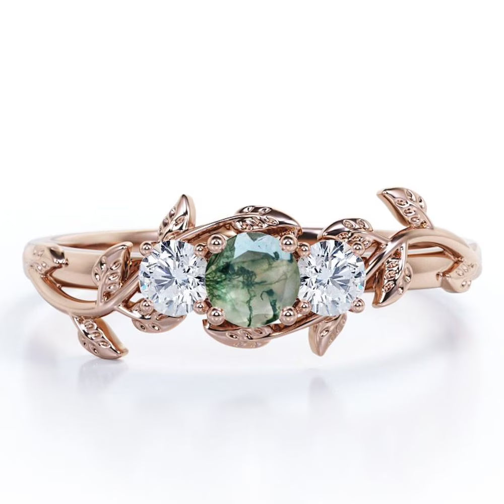 18K Rose Gold Plating over Silver Moss Green Agate Engagement Ring G49747