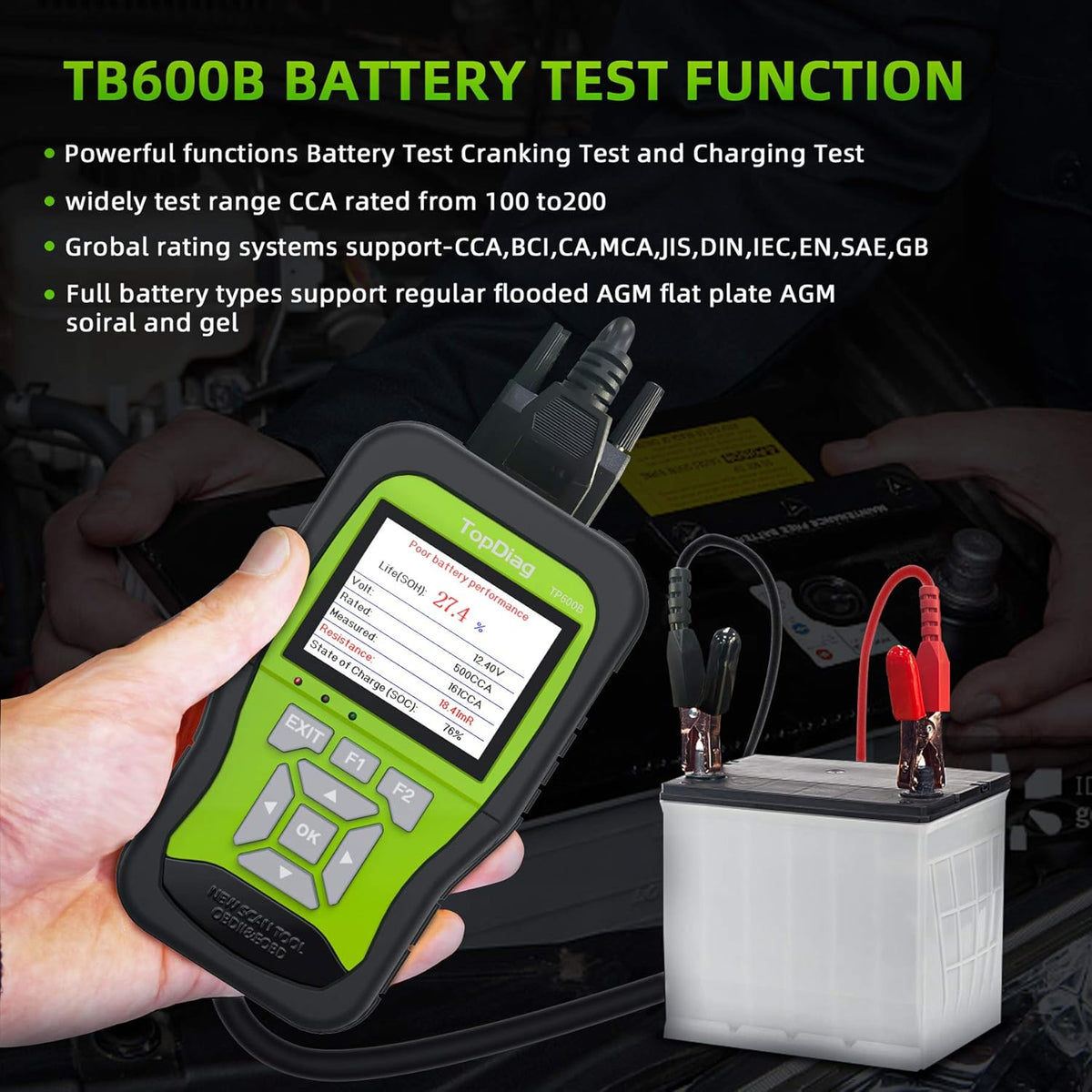 OBD2 Scanner Car Code Reader with Battery Tester 3 in 1 B496