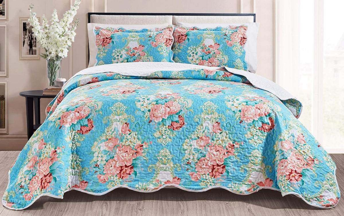 3-Piece Oversize Quilt Set Bright Reversible Bedspread Coverlet Cal King Size Bed Cover C758