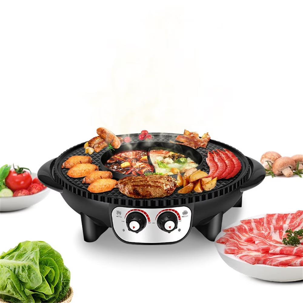 2 in 1 Electric Hot Pot and Smokeless BBQ Grill, 2000W, Black T857