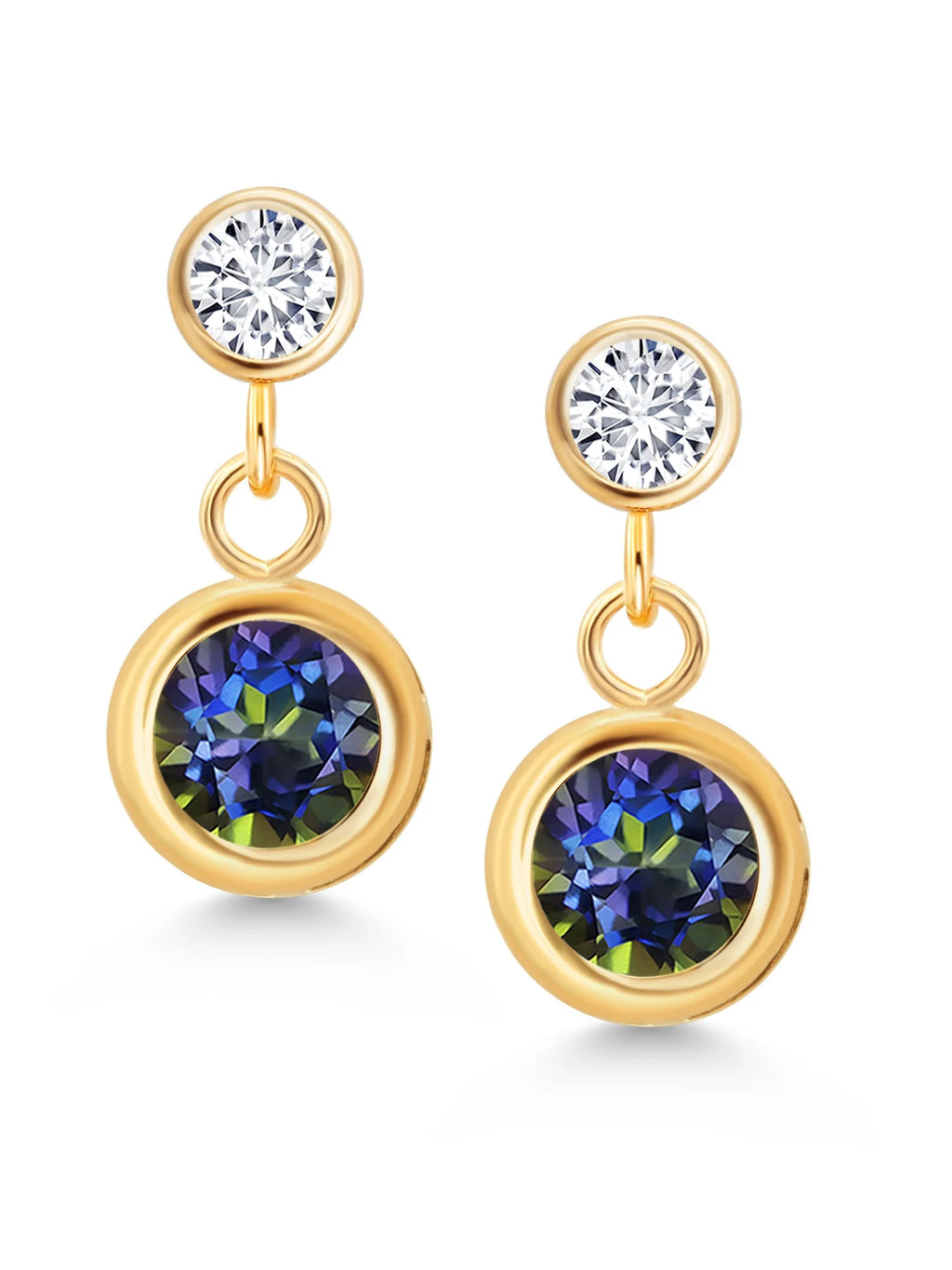 14K Yellow Gold Blue Mystic Topaz and White Diamond Two Stone Bezel Dangle Earrings S608