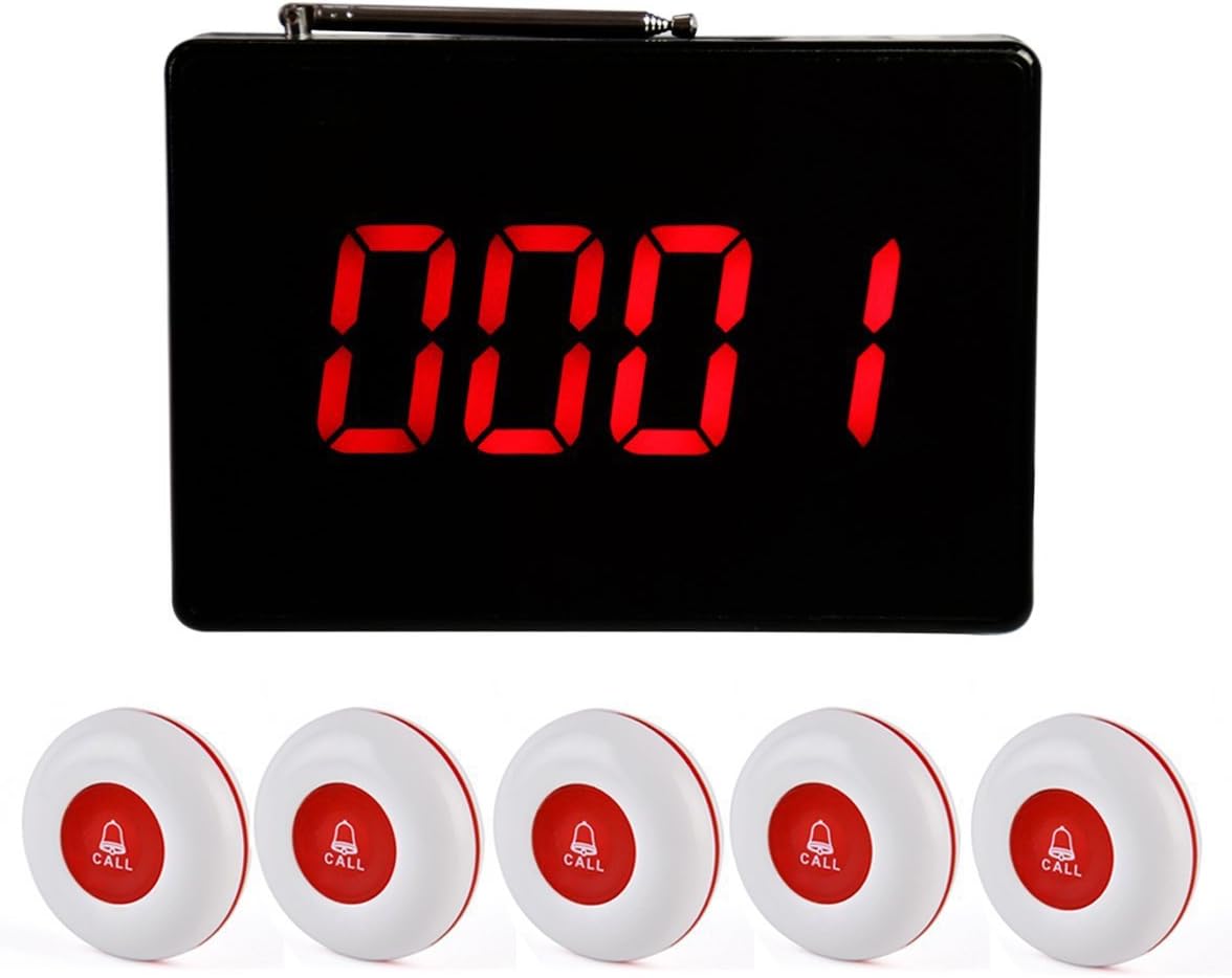 Wireless Calling System with 5 PCS Waterproof Call Buttons and 1PC Display Receiver D3713