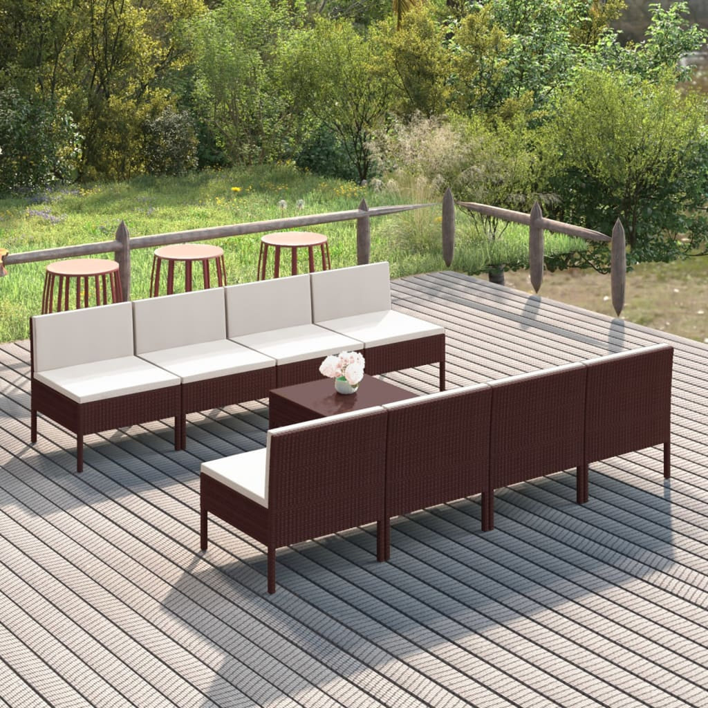 9 Piece Garden Conversation Set with Cushion and Footrest Brown Poly Rattan Sectional Outdoor Furniture Set B737375