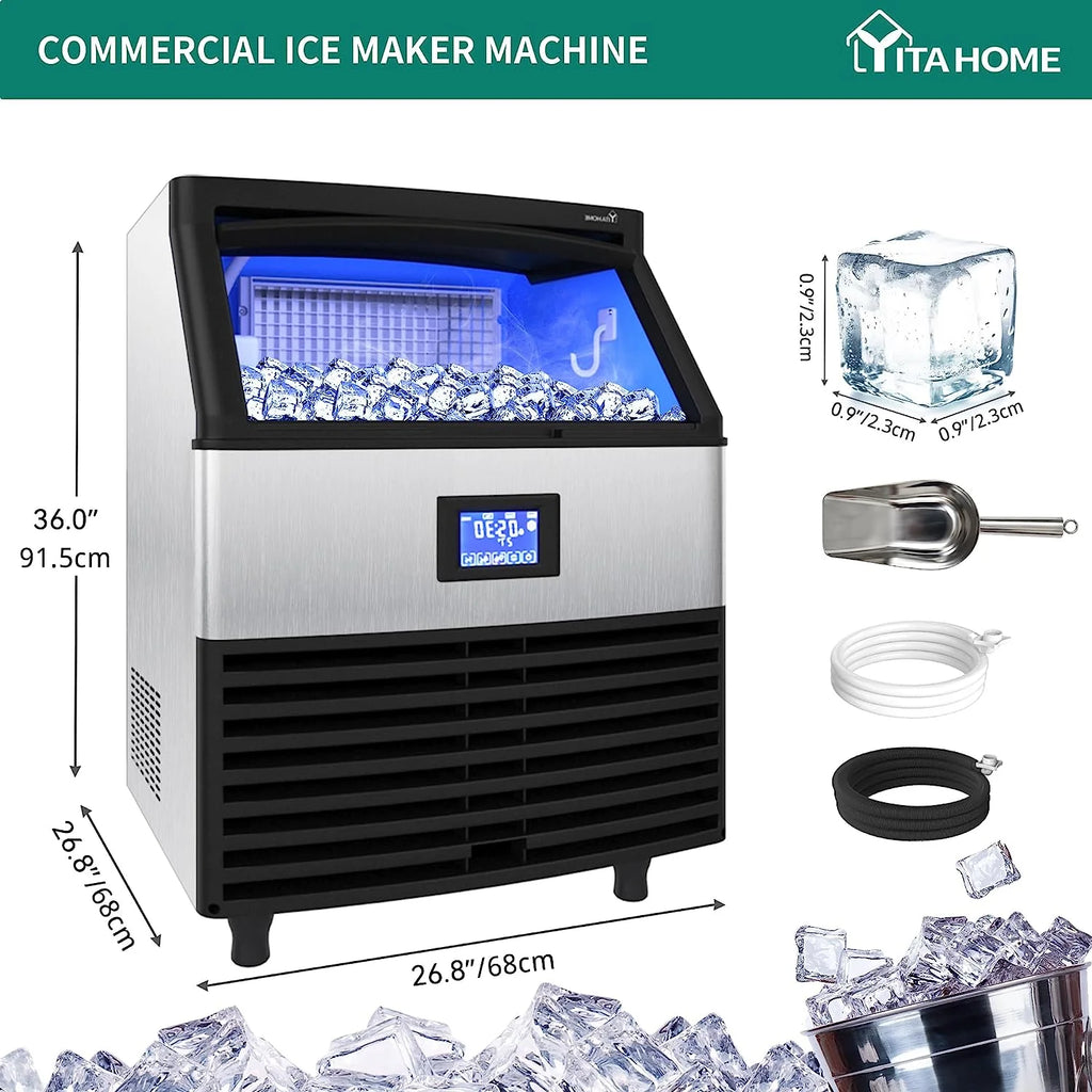 Commercial Ice Maker Machine 320lbs/24h with 100lbs Storage Bin, Stainless Steel Ice Scoop, Blue Light W301323