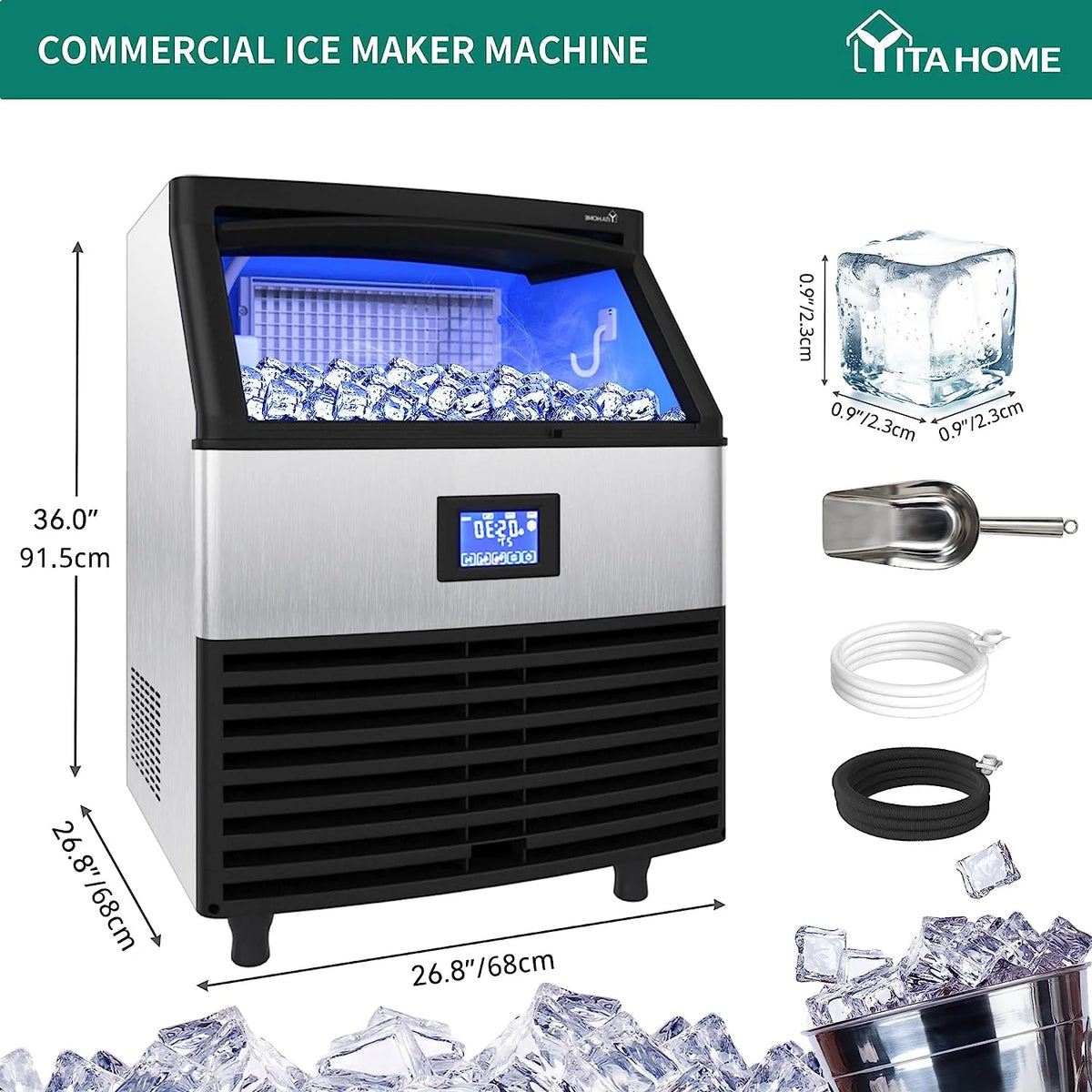 Commercial Ice Maker Machine 320lbs/24h with 100lbs Storage Bin, Stainless Steel Ice Scoop, Blue Light W301323