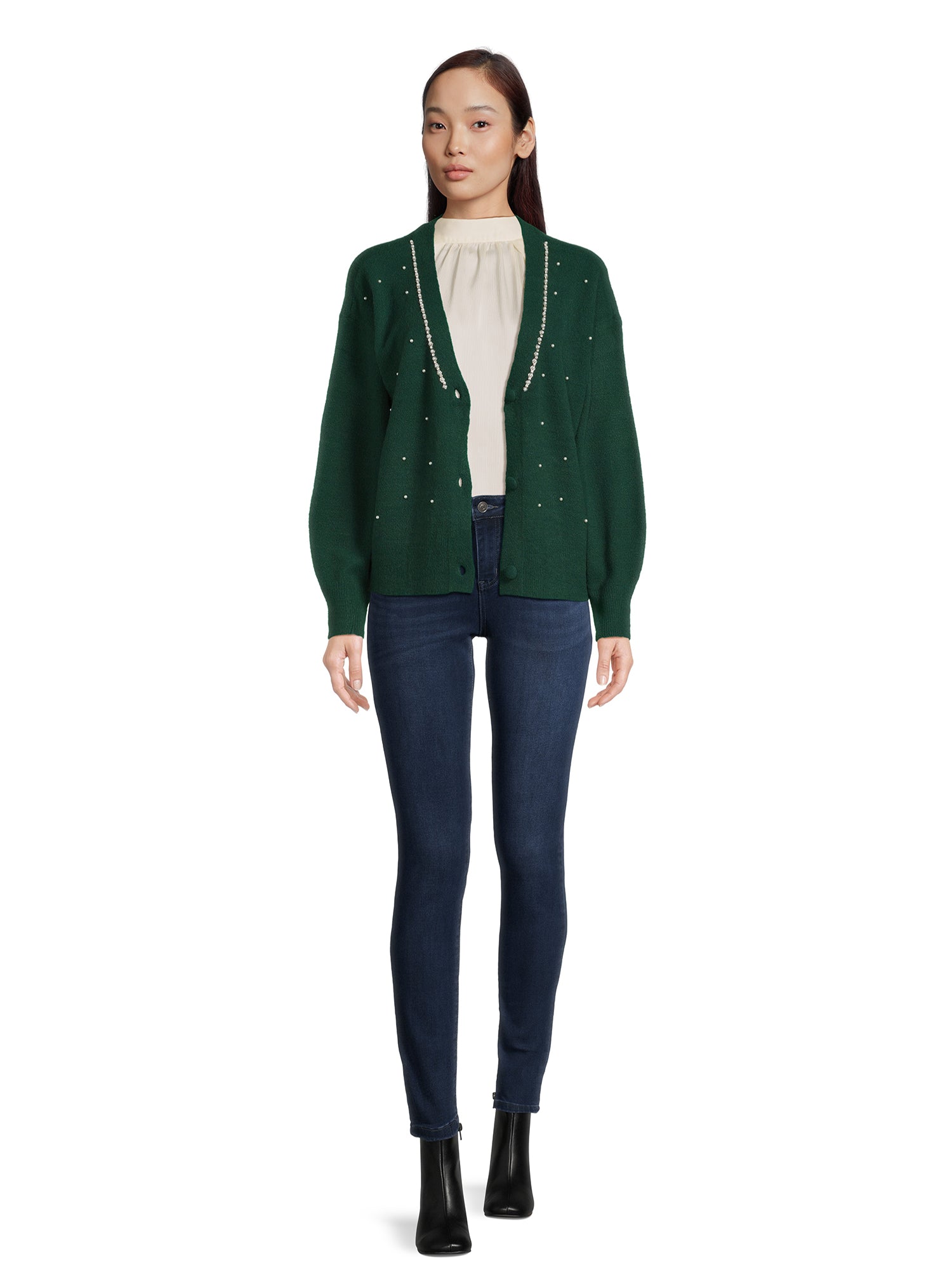 Women's V-Neck Embellished Button Front Cardigan with Long Sleeves W232179
