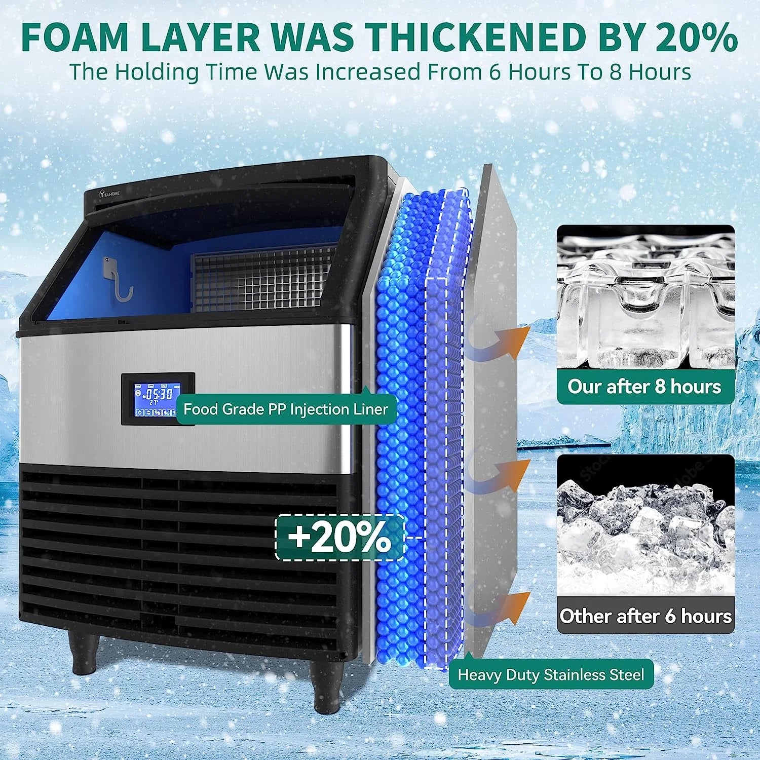 Commercial Ice Maker Machine 320lbs/24h with 100lbs Storage Bin, Stainless Steel Ice Scoop, Blue Light W301323