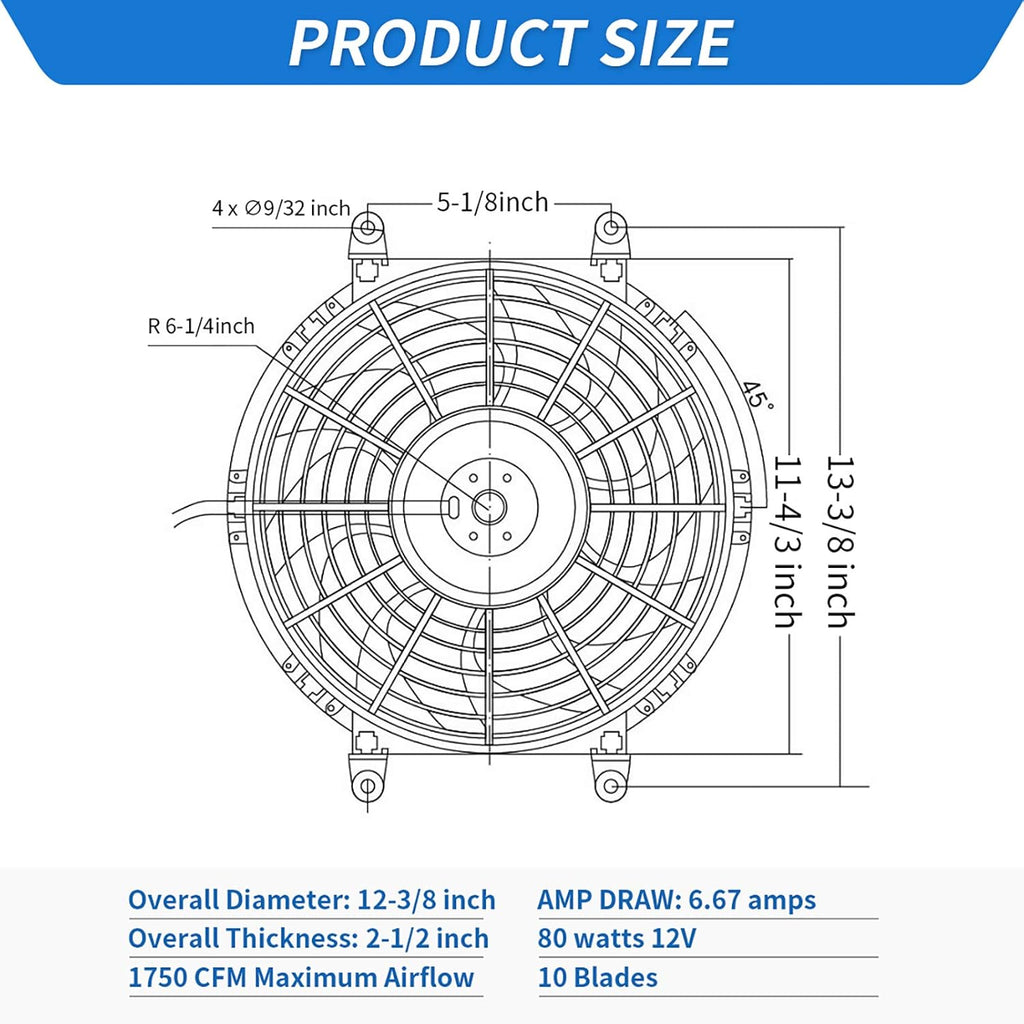 2x12 Inch Electric Radiator Cooling Fan 1750 CFM 12 Volts 80 Watts Pack of 2 B820