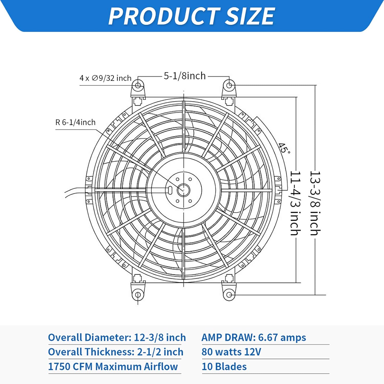 2x12 Inch Electric Radiator Cooling Fan 1750 CFM 12 Volts 80 Watts Pack of 2 B820
