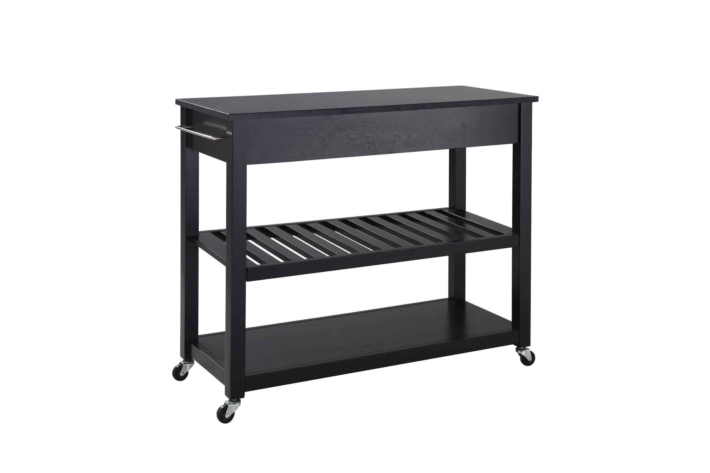 Black Granite Top Kitchen Cart Island with Stool Storage B241449