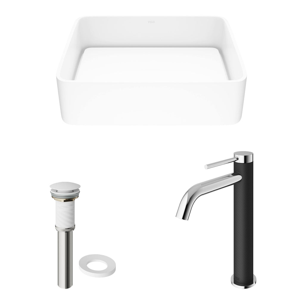 White Rectangular Vessel Bathroom Sink with Chrome Faucet and Pop-Up Drain G19056