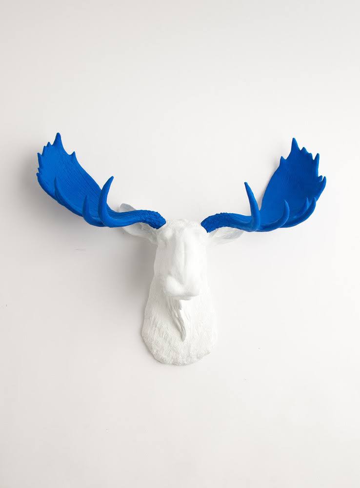 White Faux Taxidermy Moose Head with Blue Antlers Resin Q253