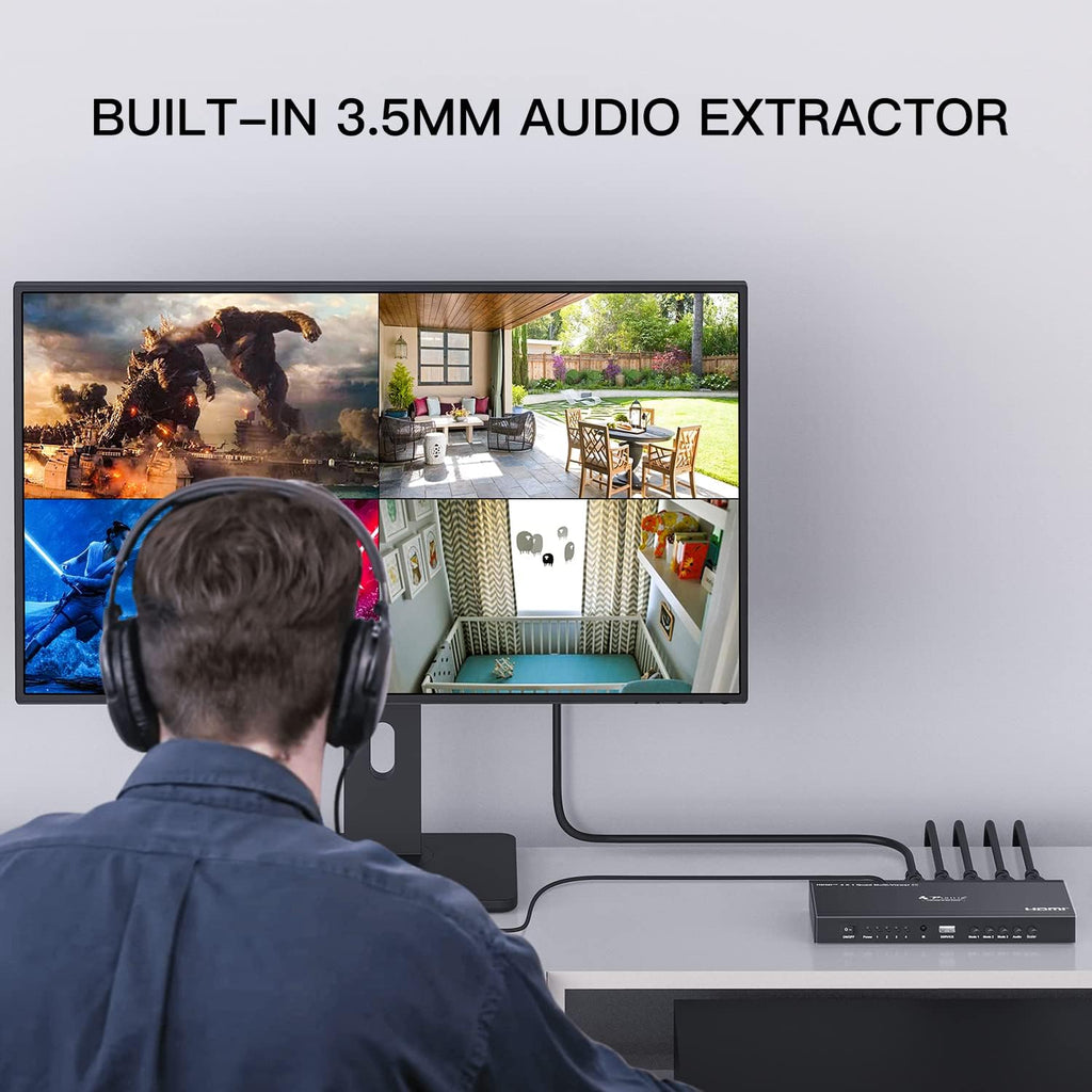 HDMI Quad Multi-Viewer Seamless Switcher 4 in 1 Out with Loop, Audio Extractor to Stereo, 4K H854819