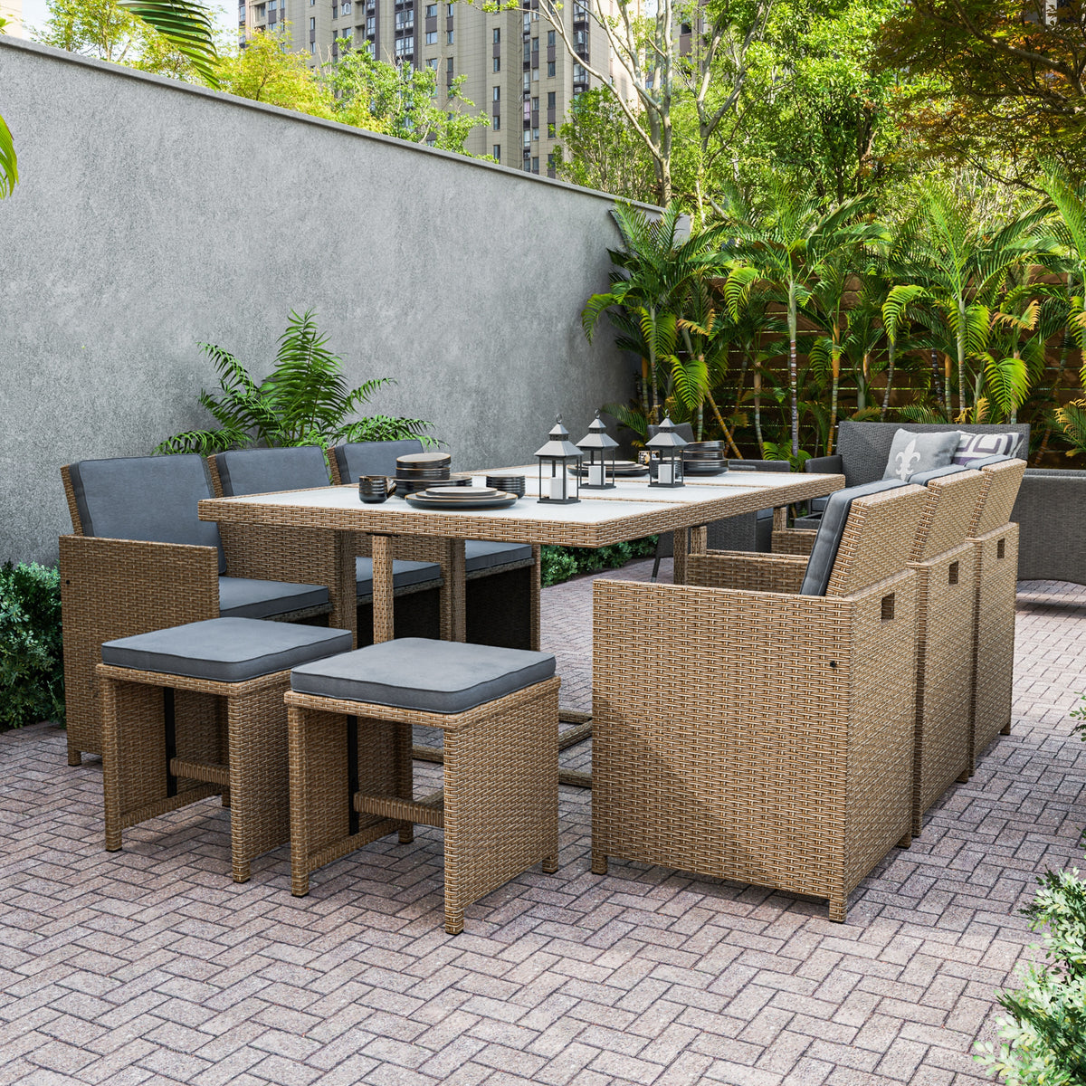 Compact Wicker & Glass 11-Piece Outdoor Dining Set K265357