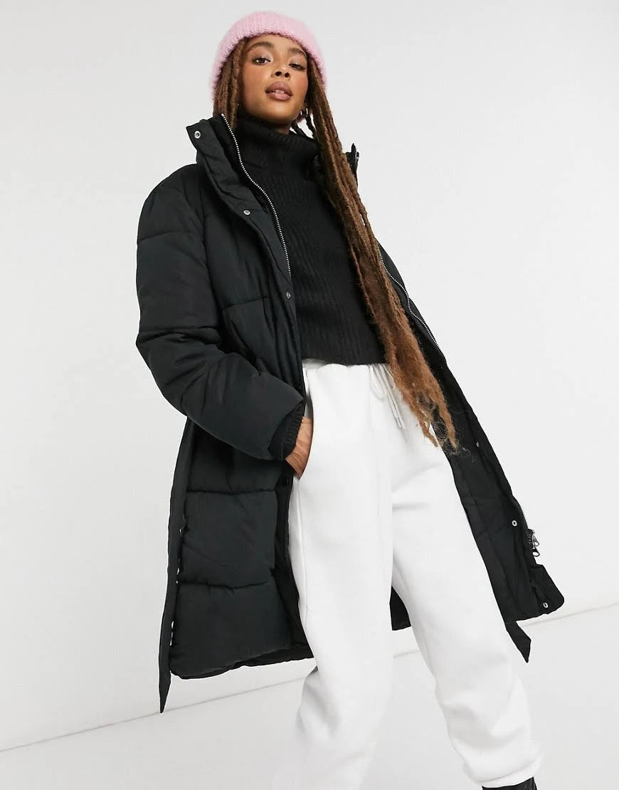 Padded Coat with Belt in Black L5076