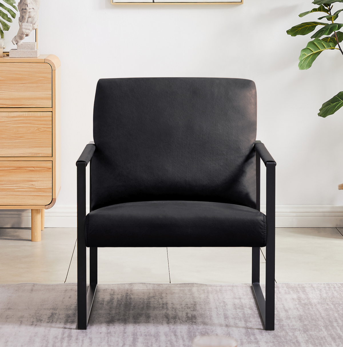 Leather Accent Arm Chair Set of 2 with Metal Frame, Black U7840