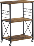 Industrial 3-Tier Baker's Rack Storage Cart on Wheels with 6 Side Hooks, Rustic Brown N854831