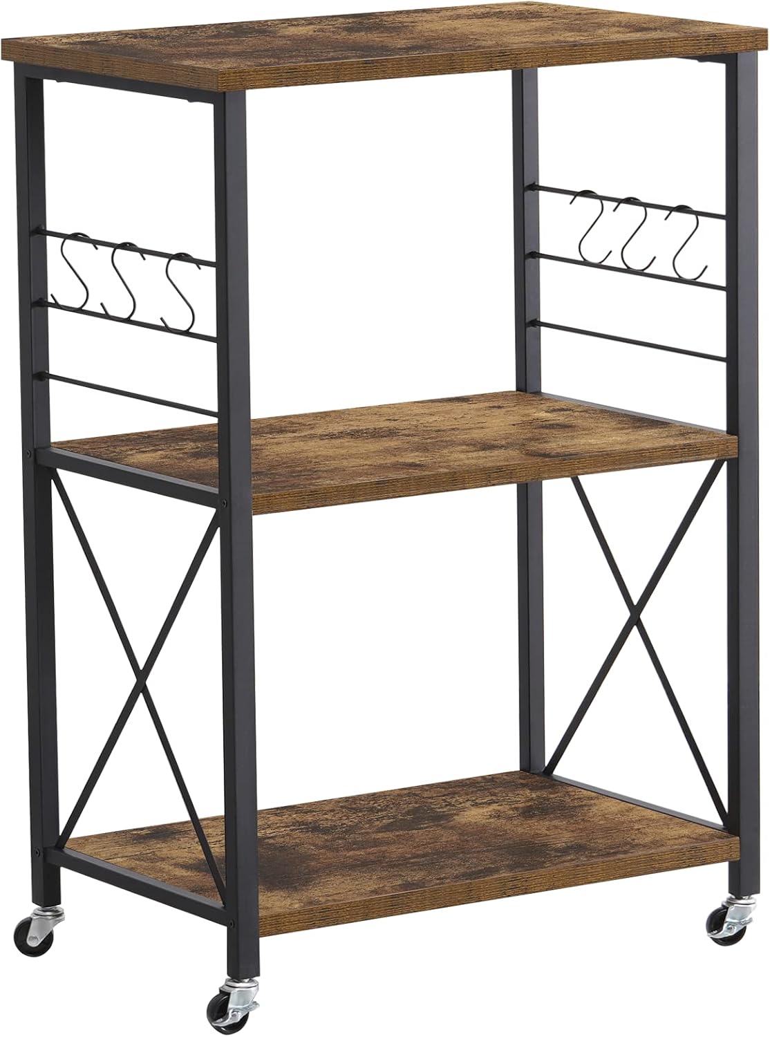 Industrial 3-Tier Baker's Rack Storage Cart on Wheels with 6 Side Hooks, Rustic Brown N854831