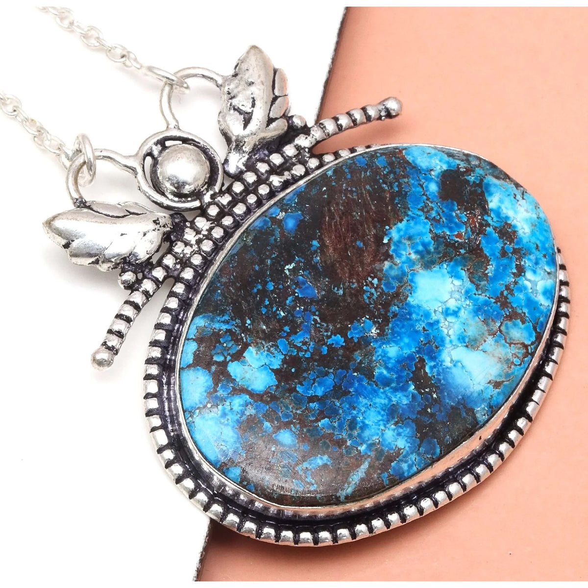 Azurite Silver Sterling Gemstone Beads 20" Chrysocolla Round Necklace K67294